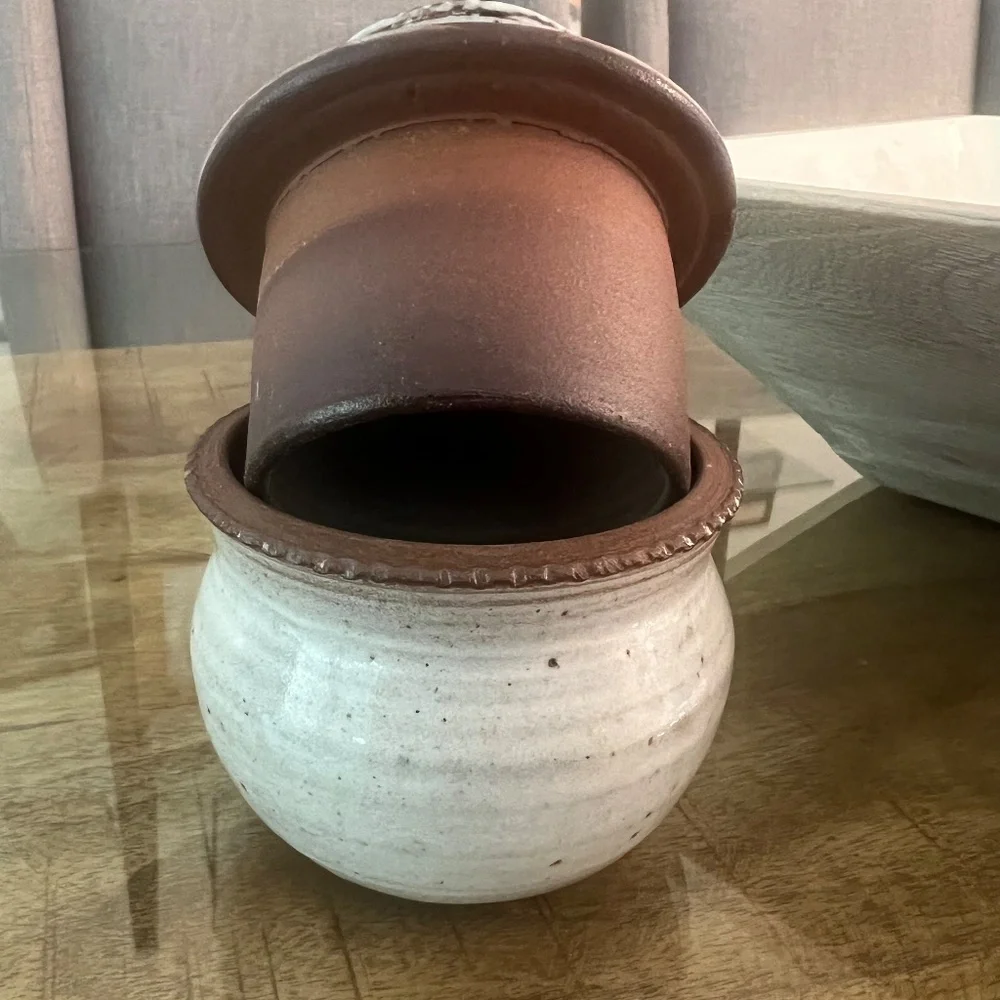 Sandstone pot signed by the owl by Norbert Pierlot pottery butter keeper